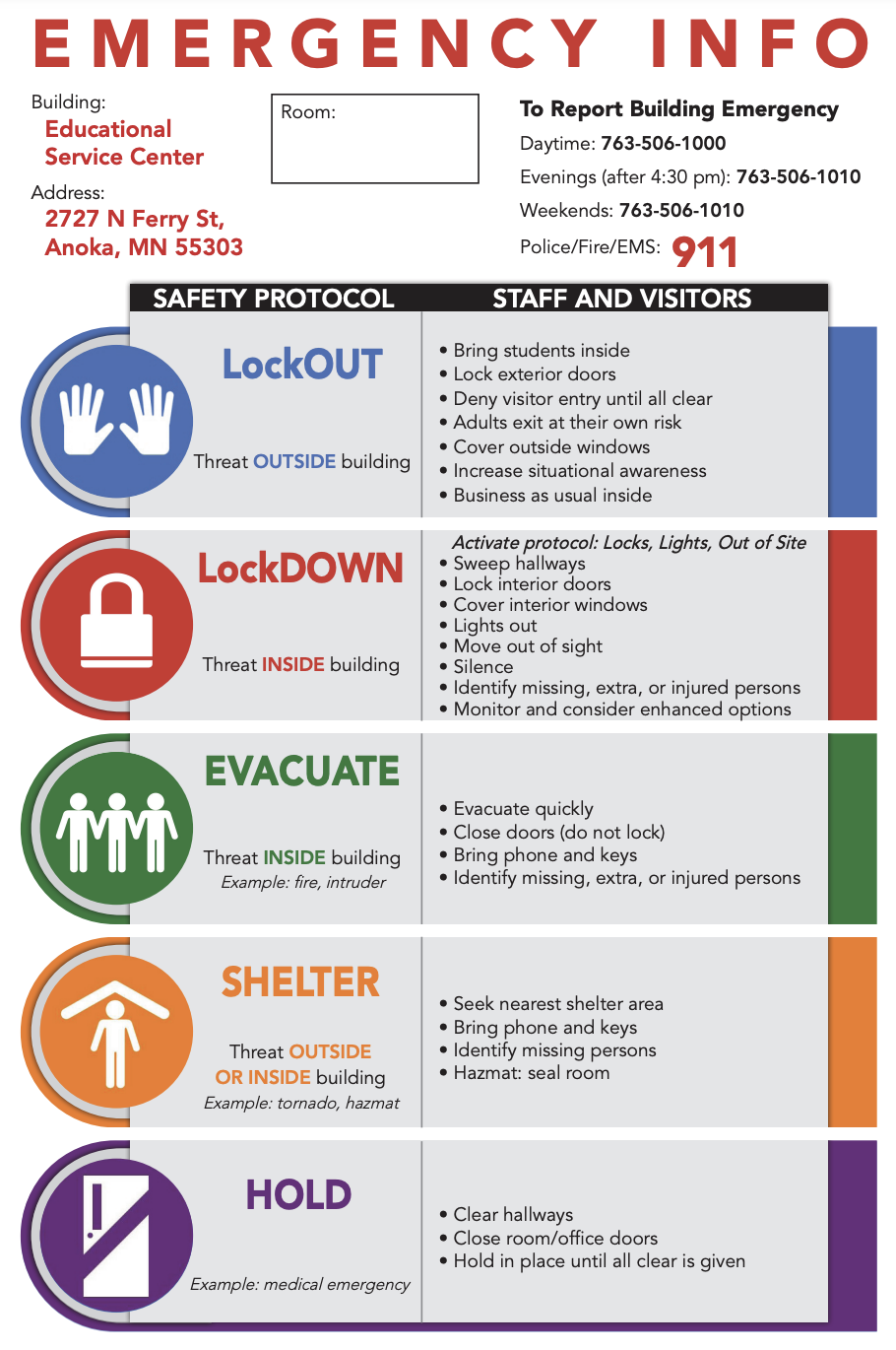 infographic describing key safety terms (listed in article): LockOUT, LockDOWN, evacuate, shelter, and hold